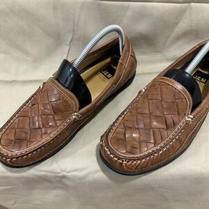 J&M Men's Brown Woven Leather Sheepskin Memory Foam Loafer Shoes 8.5